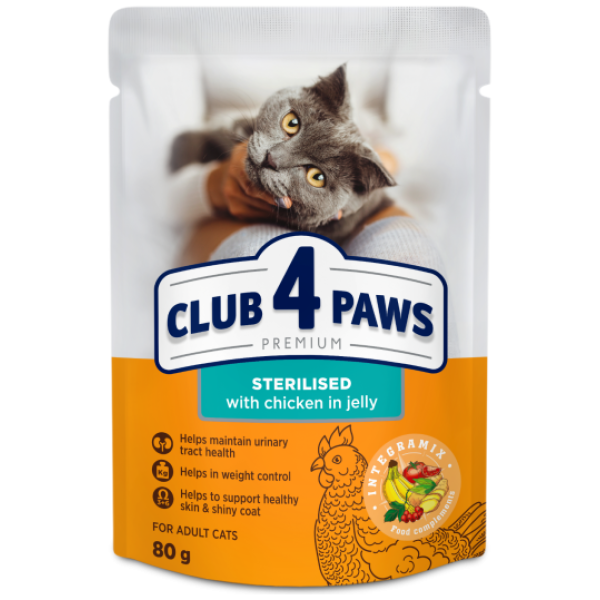 club-4-paws-premium-visavertis-konservuotas-dalas-sterilizuotoms-suaugusioms-katms-su-vitiena-80-g (1) CLUB 4 PAWS Premium Visavertis konservuotas ėdalas sterilizuotoms suaugusioms katėms su vištiena, 80 g