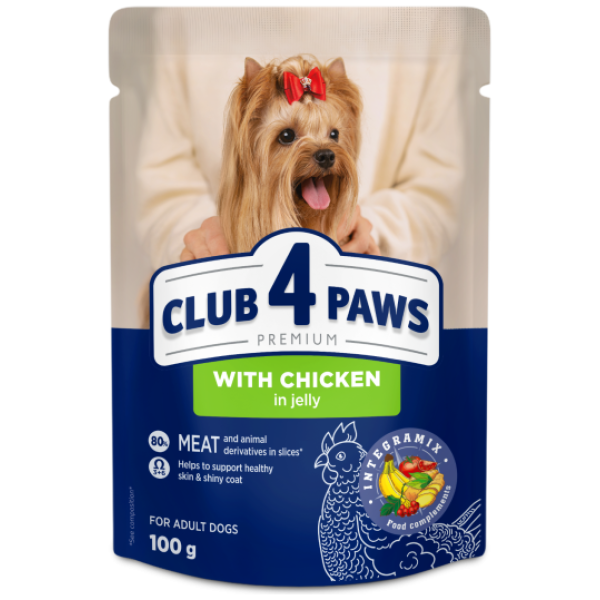 club-4-paws-premium-visavertis-konservuotas-dalas-su-vitiena-drebuiuose-suaugusiems-unims-100-g CLUB 4 PAWS Premium Visavertis konservuotas ėdalas su vištiena drebučiuose suaugusiems šunims, 100 g